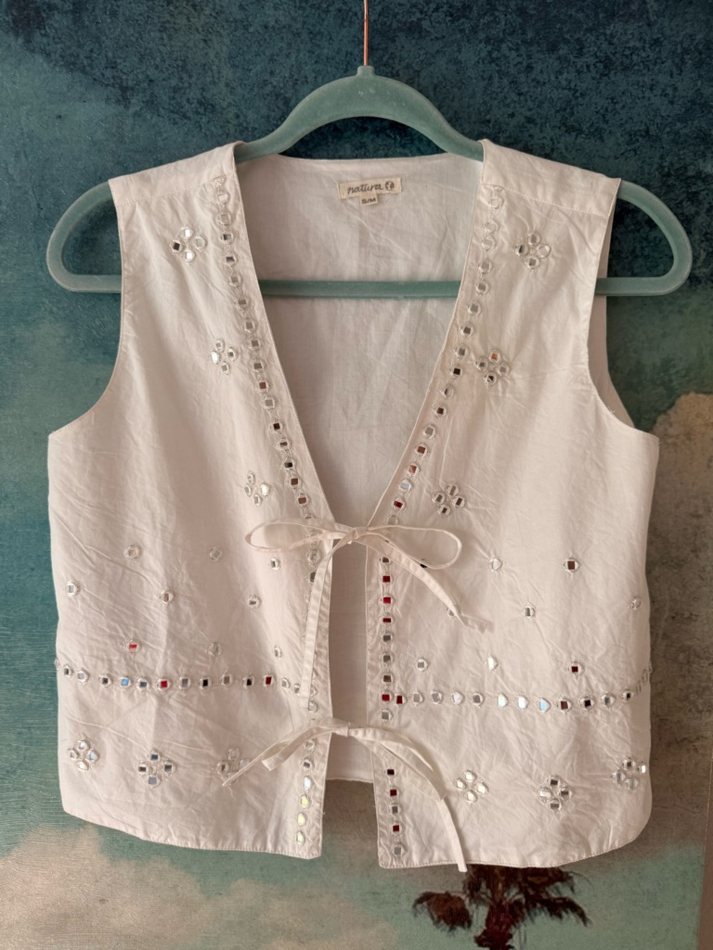 Natura White Embellished Cotton Tie-Front Vest